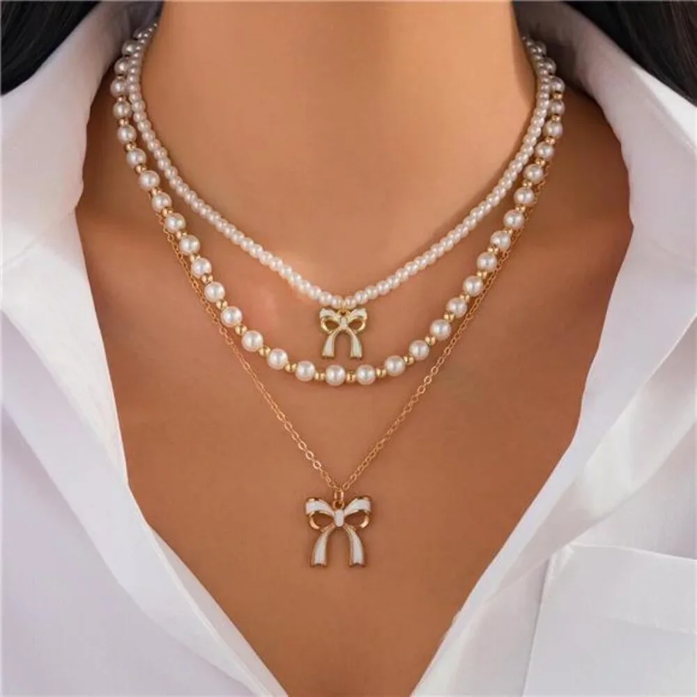 3 Pcs Gold Tone and Faux Pearl Layered Chunky Statement Stackable Necklaces - Picture 3 of 6